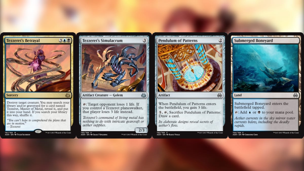 Aether Revolt magic the gathering cards with five in a row with most of them being colorless artifact types