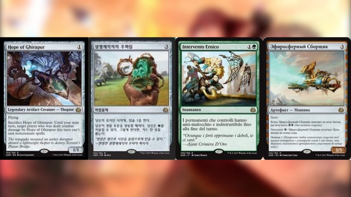 Aether Revolt magic the gathering cards with four in a row with several colorless artifacts and various cards in different languages