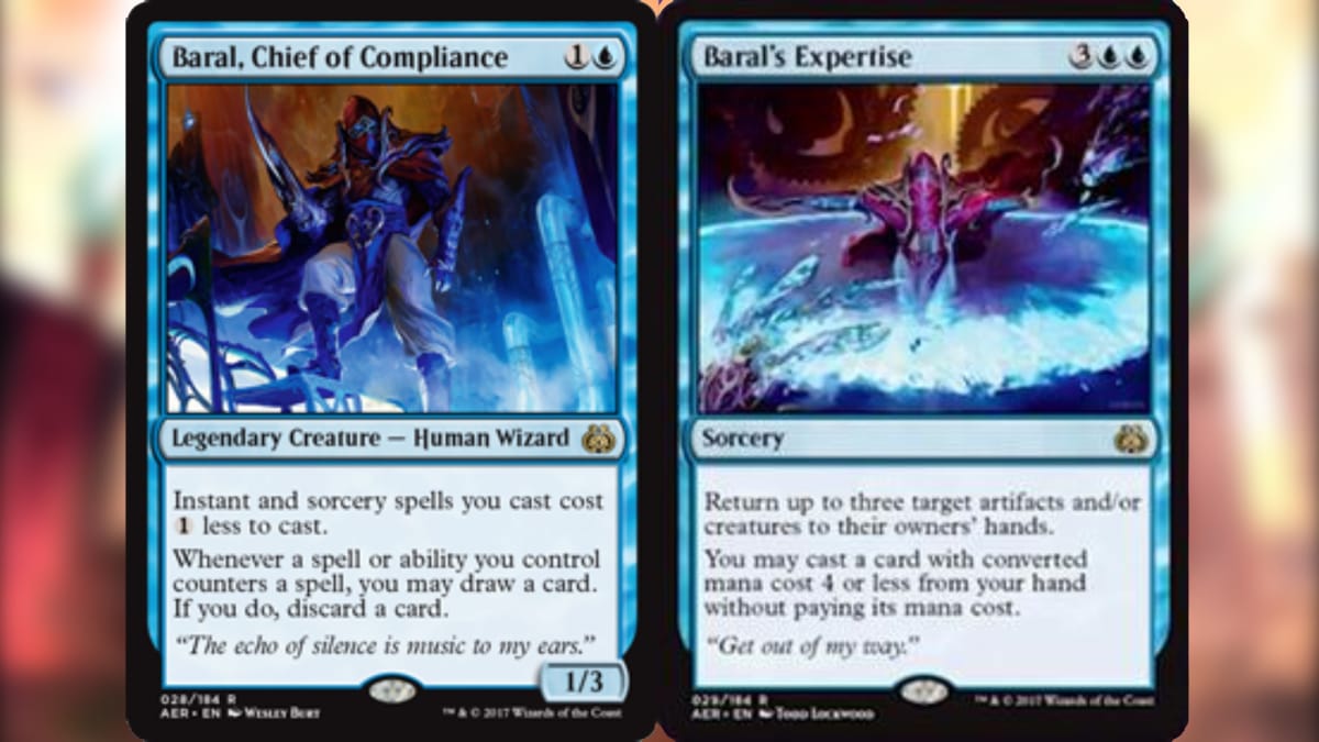 Aether Revolt magic the gathering cards with two lue cards next to each other, one a creature and the other a sorcery spell