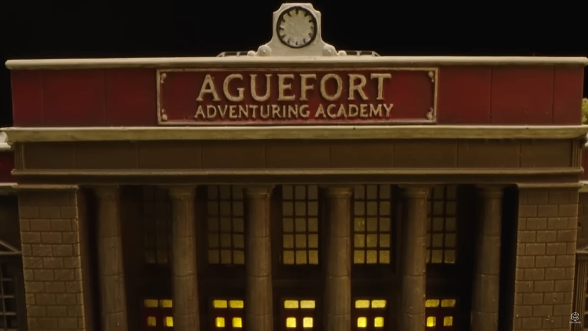 The front of Aguefort Academy the school of the bad kids in Fantasy High Junior Year
