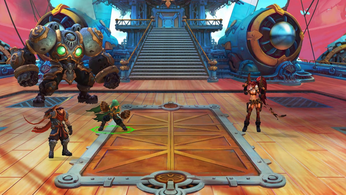 Players lined up to battle an enemy atop an airship in the Airship Syndicate game Battle Chasers: Nightwar
