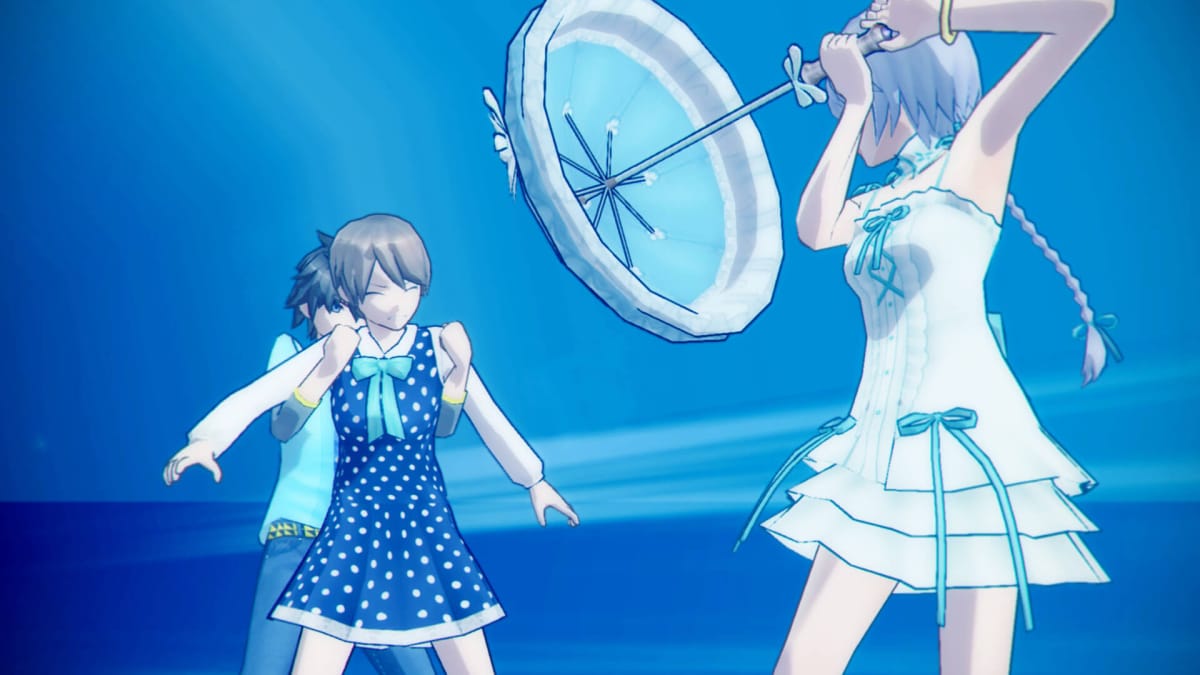 A character holding another back while a third brandishes a parasol-like object in the Acquire game Akiba's Trip