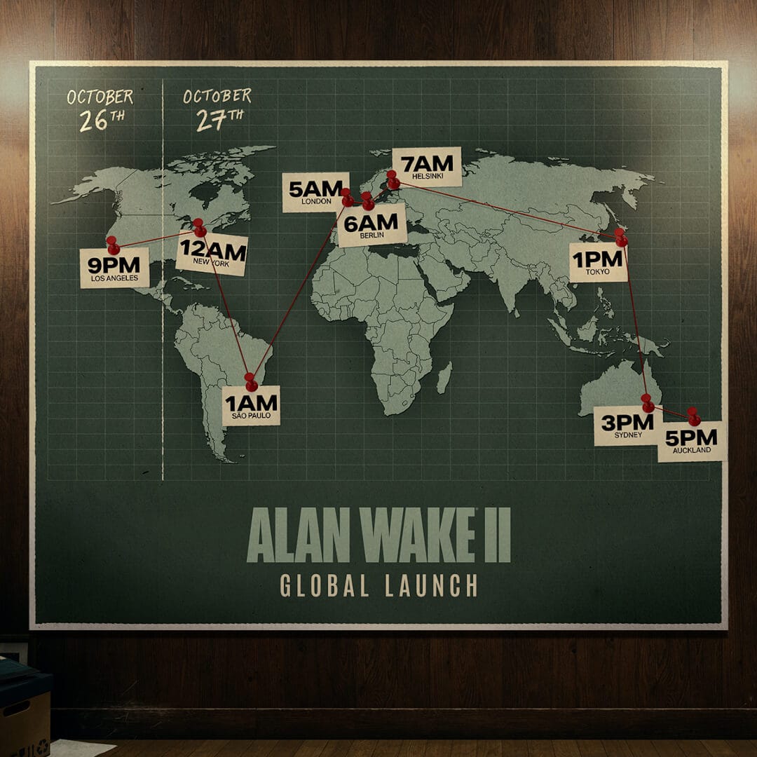 A case board-style image showing global Alan Wake 2 launch timings