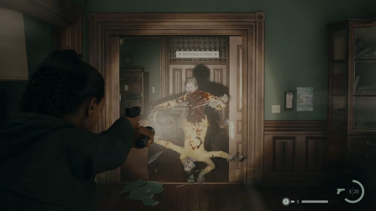 Saga Anderson aiming her weapon at an enemy in Remedy's Alan Wake 2