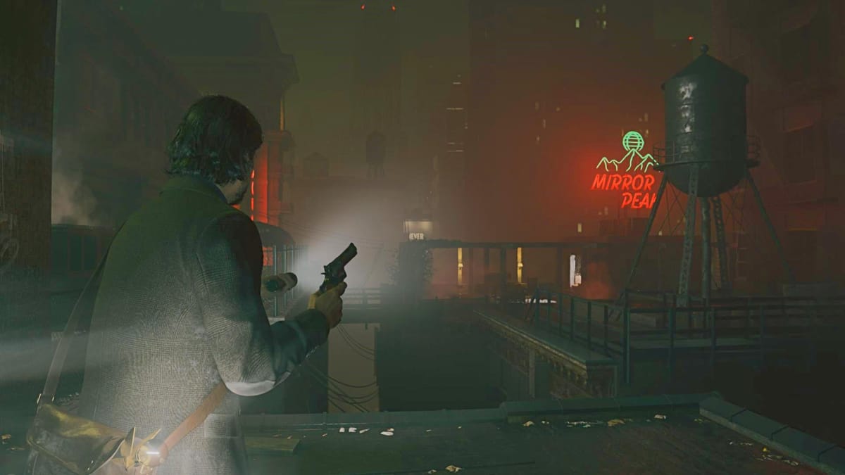 The player, as Alan Wake, explores a rooftop area at night.