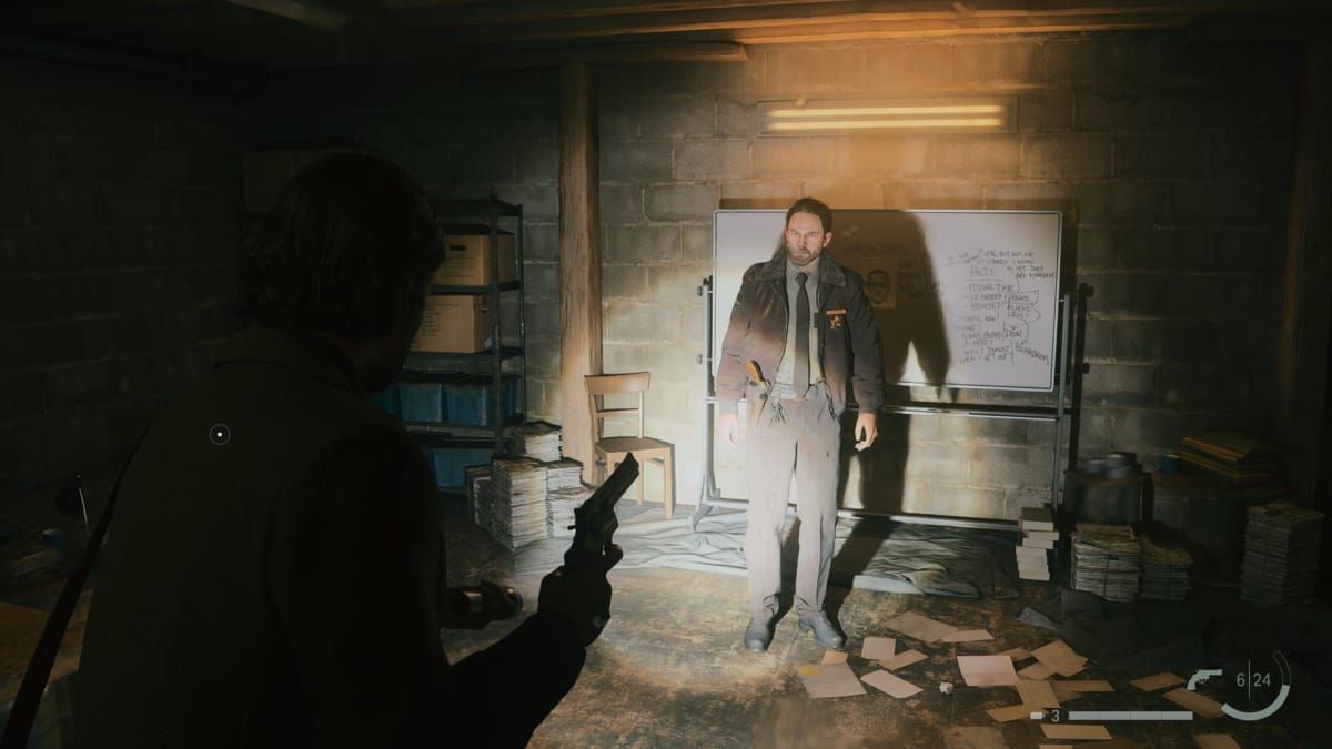 The player, as Alan Wake, meets with a sheriff named Tim Breaker in Alan Wake II