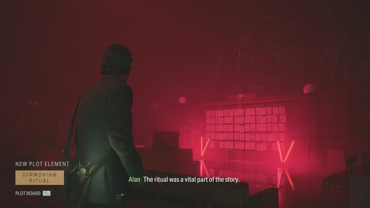 The player, as Alan Wake, changes the scene in an area to show a Summoning Ritual in Alan Wake II