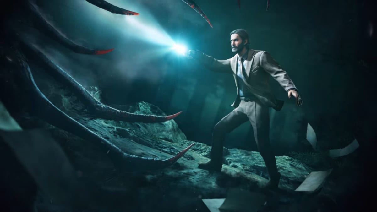 Alan Wake pointing his flashlight at a monster in official artwork for the Dead by Daylight Alan Wake crossover