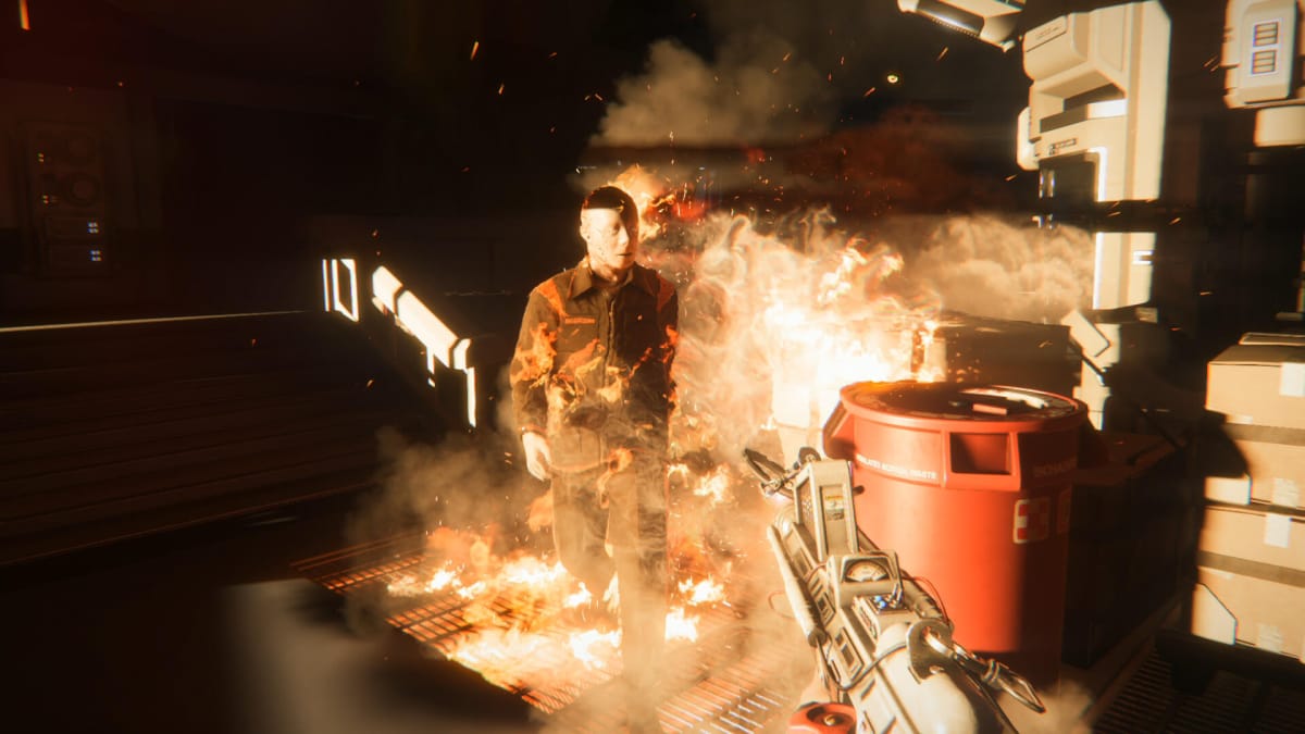 One of the worker androids from Alien: Isolation being set on fire