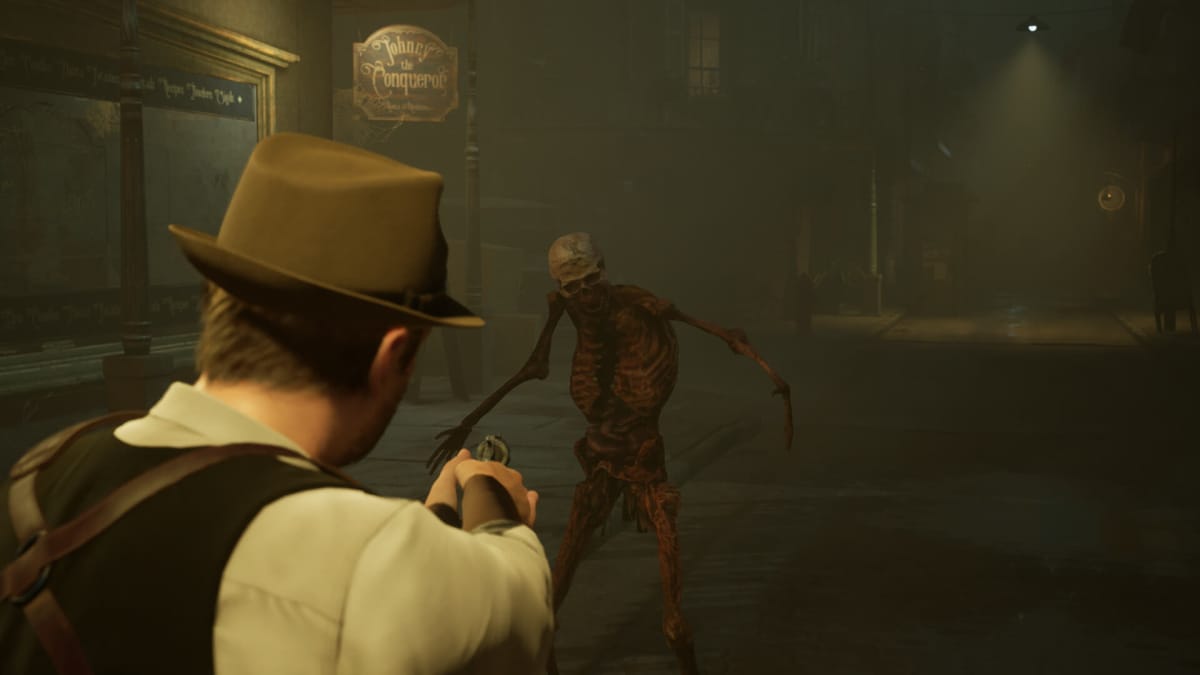 Edward Carnby aiming a pistol at a skeleton in Alone in the Dark