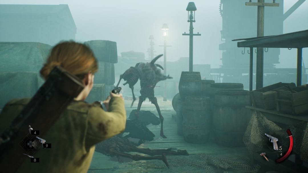Emily aiming a weapon at a grotesque monster from Alone in the Dark