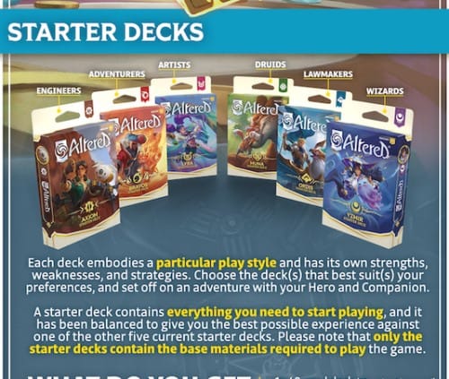 A screenshot of six starter decks from the Altered TCG, accompanied by text that describes their contents.