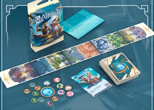 A screenshot of a game mat, starter deck, and tokens from the Altered TCG