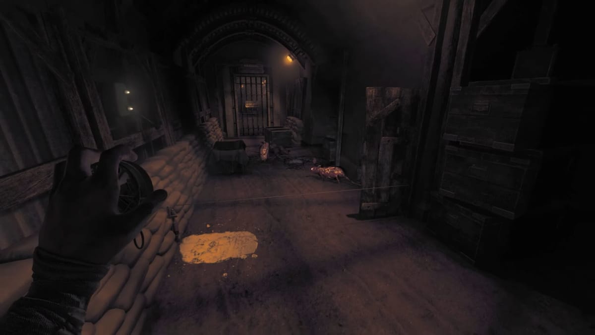 Rats investigating a corpse while the player looks on in horror in Amnesia: The Bunker