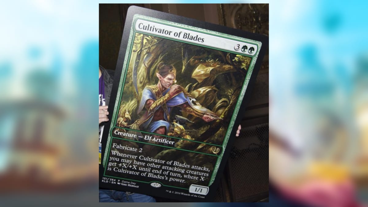 an oversized magic the gathering card with art of an elf wearing jewel inspection goggles while making something