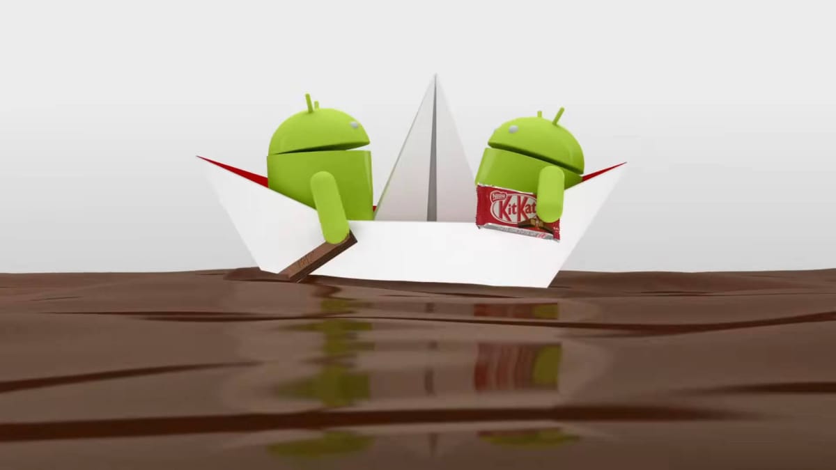 Two Android robots in a boat on a sea made of chocolate