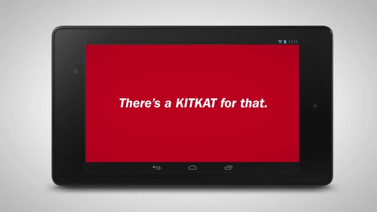 A tablet showing the text "There's a KitKat for that"