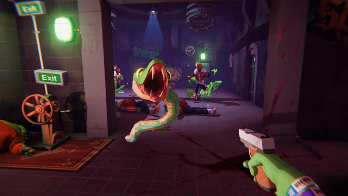 Gracz celujący z broni w węża w grze Anger Foot firmy Devolver Digital