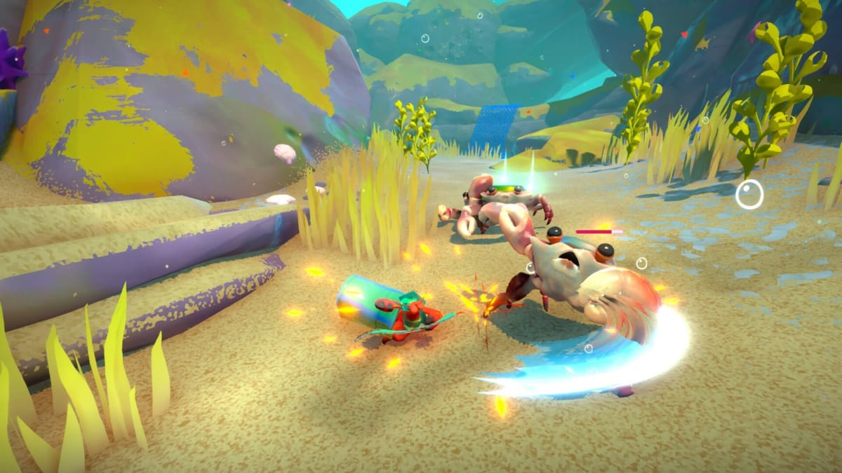 Kryl toczący walkę z dwoma wrogimi krabami w grze Another Crab's Treasure