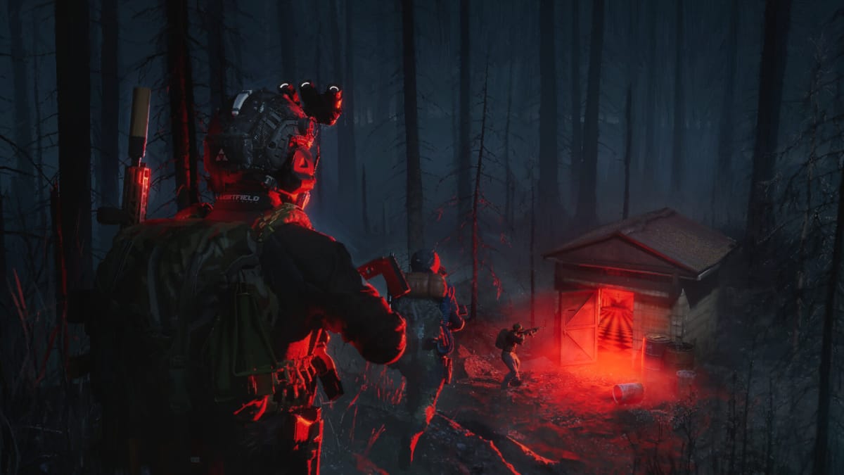 Soldiers approaching a shed from which a red glow is emanating in the new game from ex-BioShock and Cyberpunk developers Antistatic Studios