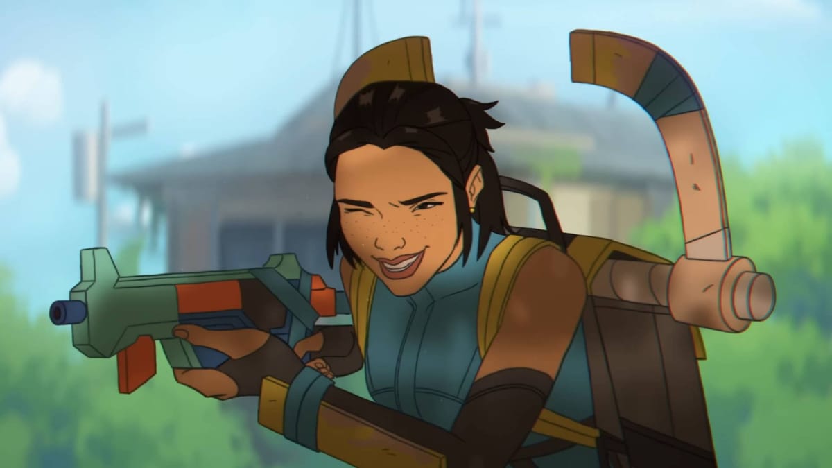 Conduit aiming a toy gun at her friends and grinning in the new Apex Legends trailer