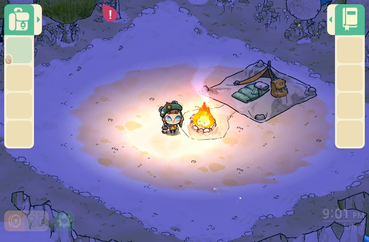 A Scout in Cozy Grove, one of the best Apple Arcade Games, talks with the Fire Spirit about how to best help the spirits on the island.