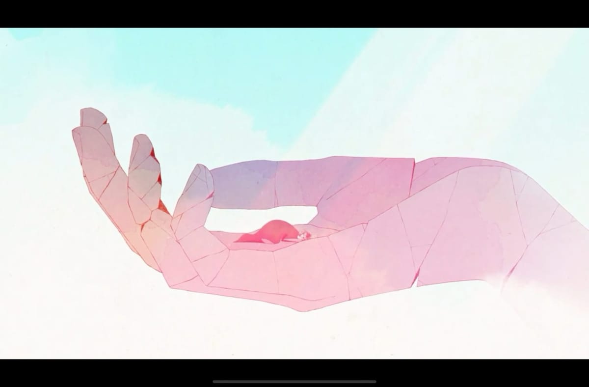 The beginning of GRIS, one of the best Apple Arcade games, shows the main character, Gris, sleeping in her mother's hand.