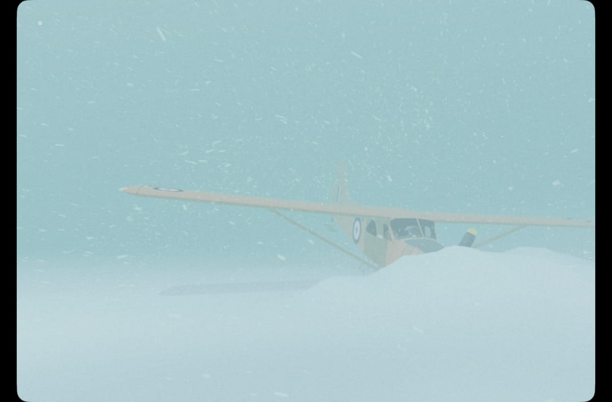 One of the best Apple Arcade games, South of the Circle, opens with an airplane wreck in a snowy environment.