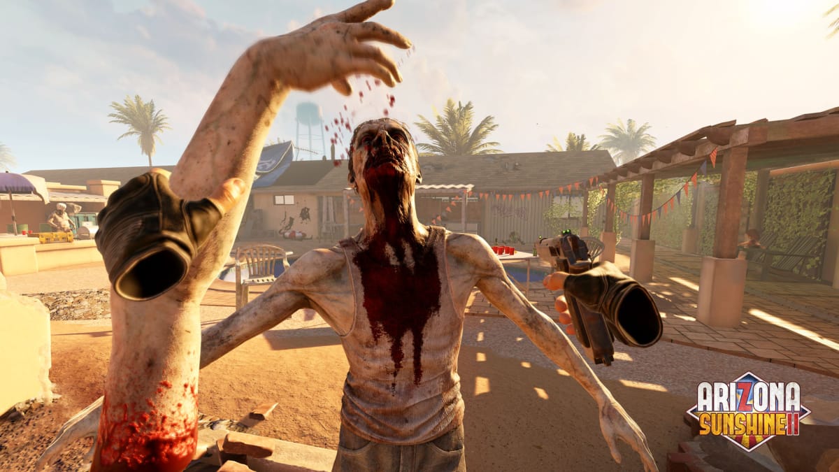 The player character holds a zombie arm and shoots an enemy in Arizona Sunshine 2