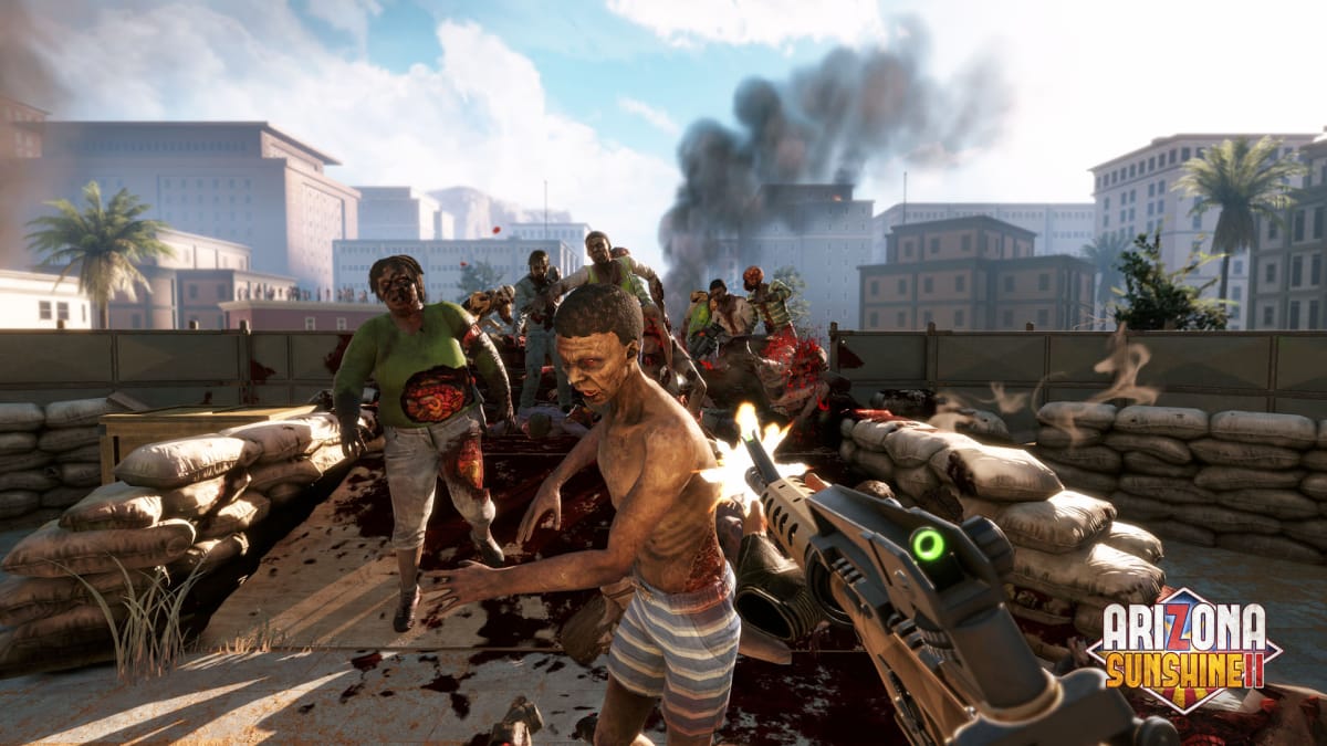 The player shoots an assault rifle at a horde of zombies in Arizona Sunshine 2
