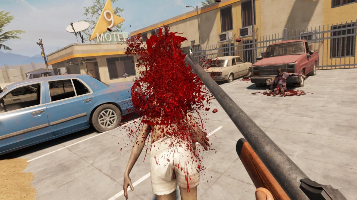 The player turns a zombie into a mist of blood at point blank in Arizona Sunshine 2