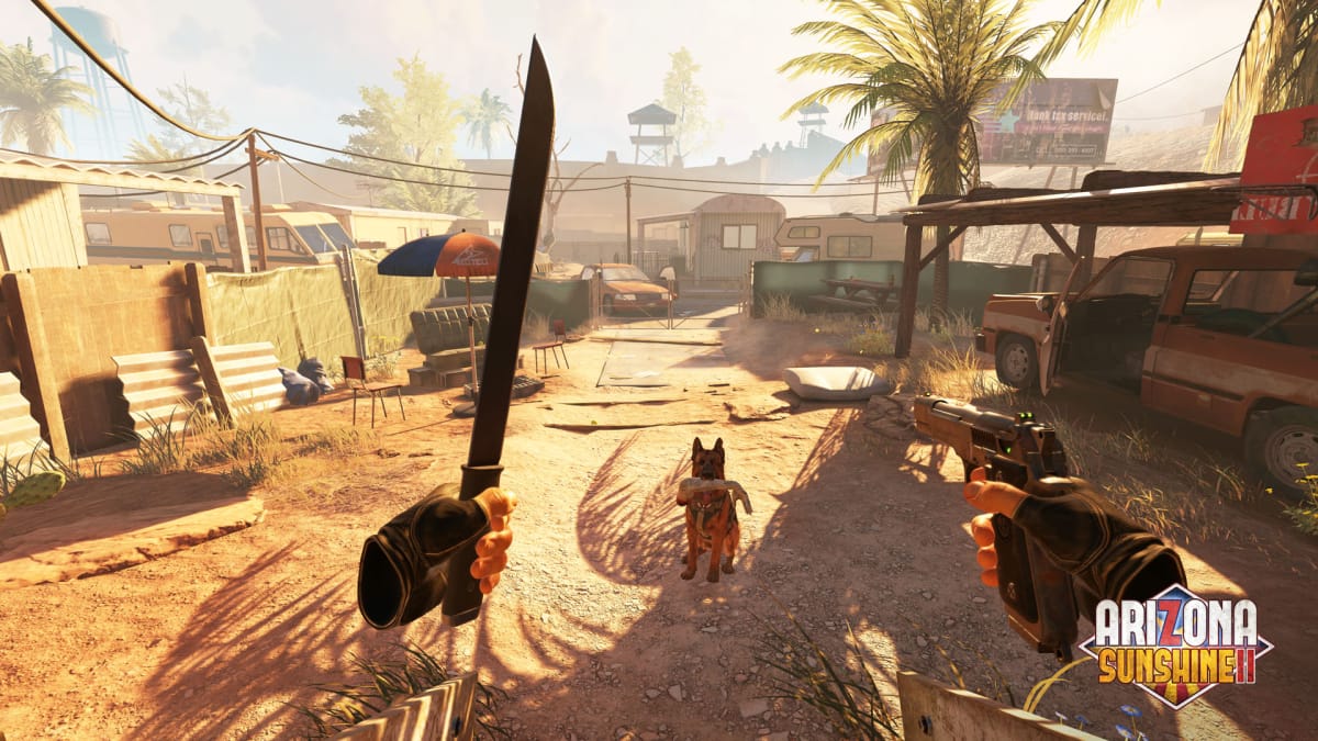 The player character looks at Buddy the dog, who is holding a zombie arm in his mouth in Arizona Sunshine 2