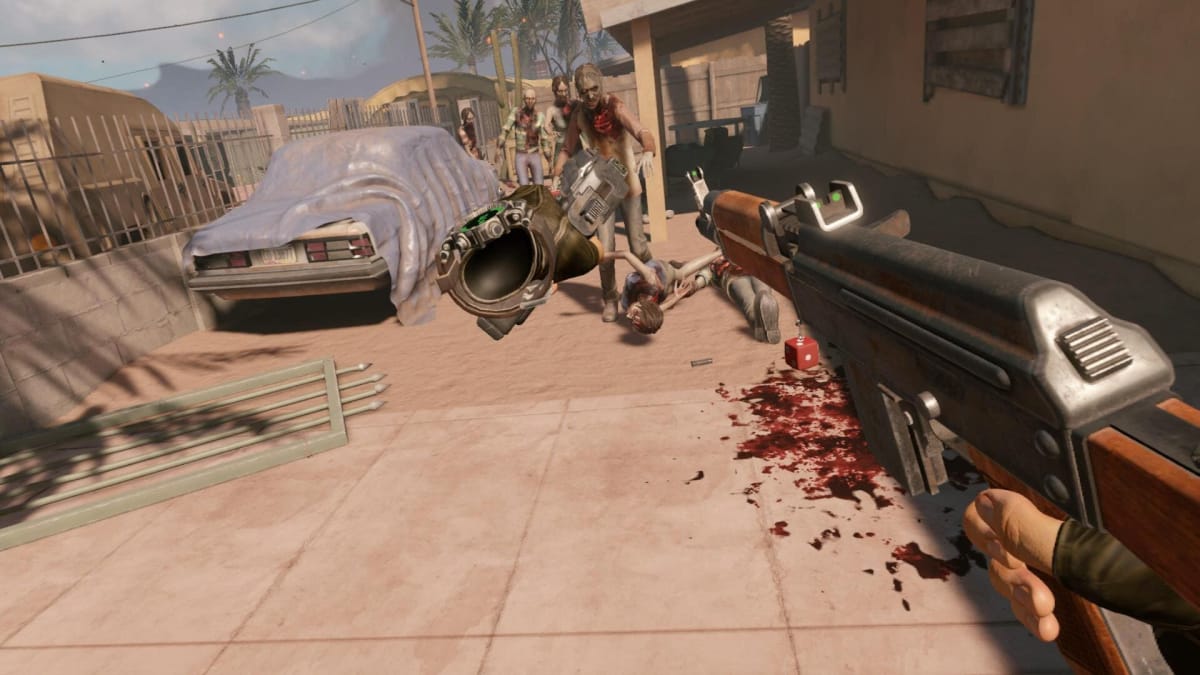 The player aims an assault rifle and pistol at zombies in Arizona Sunshine 2