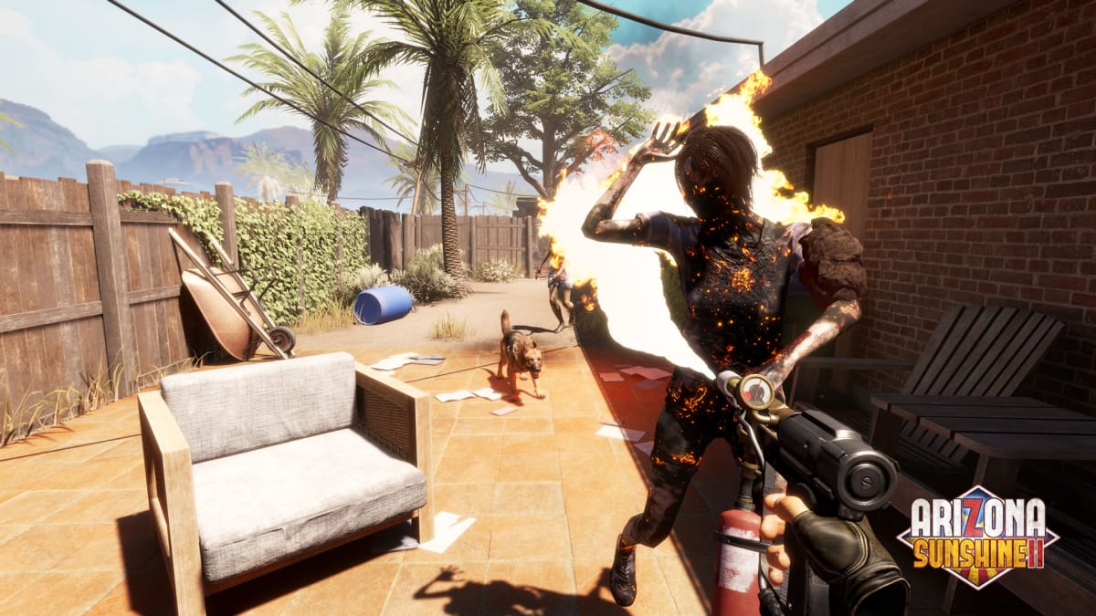 The player uses a flamethrower to kill a zombie in Arizona Sunshine 2