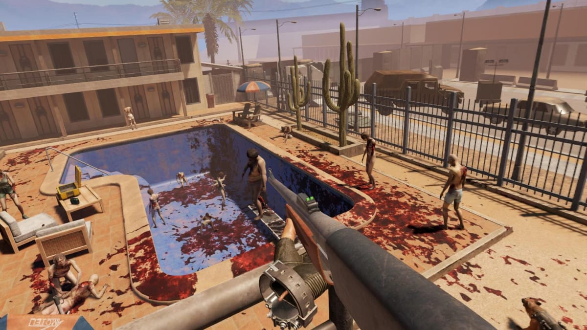 The player looks over a motel pool full of zombies in Arizona Sunshine 2