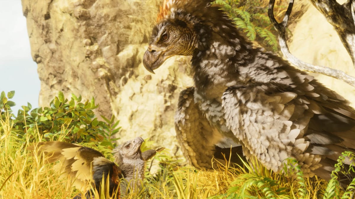 Two bird-like dinosaurs, an adult and a child, in Ark: Survival Ascended