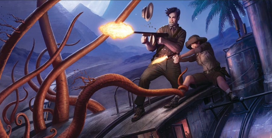 Artwork from Arkham Horror of a man on top of a train firing a tommy gun at a tentacled monster seen offscreen.