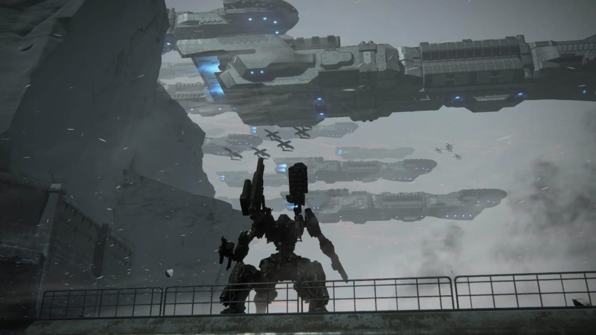 A cutscene where the mech looks at some spaceships