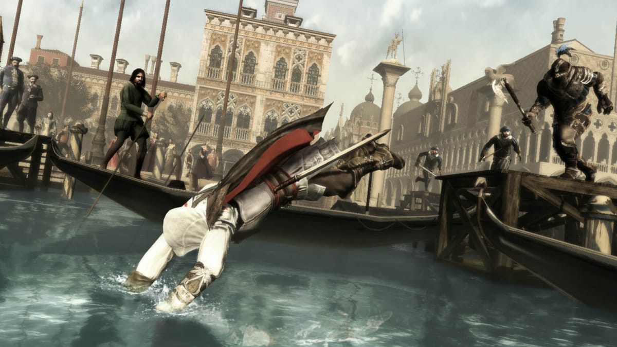 Ezio leaping into the water to escape his pursuers in Assassin's Creed 2, a game on which former Ubisoft exec Jade Raymond worked