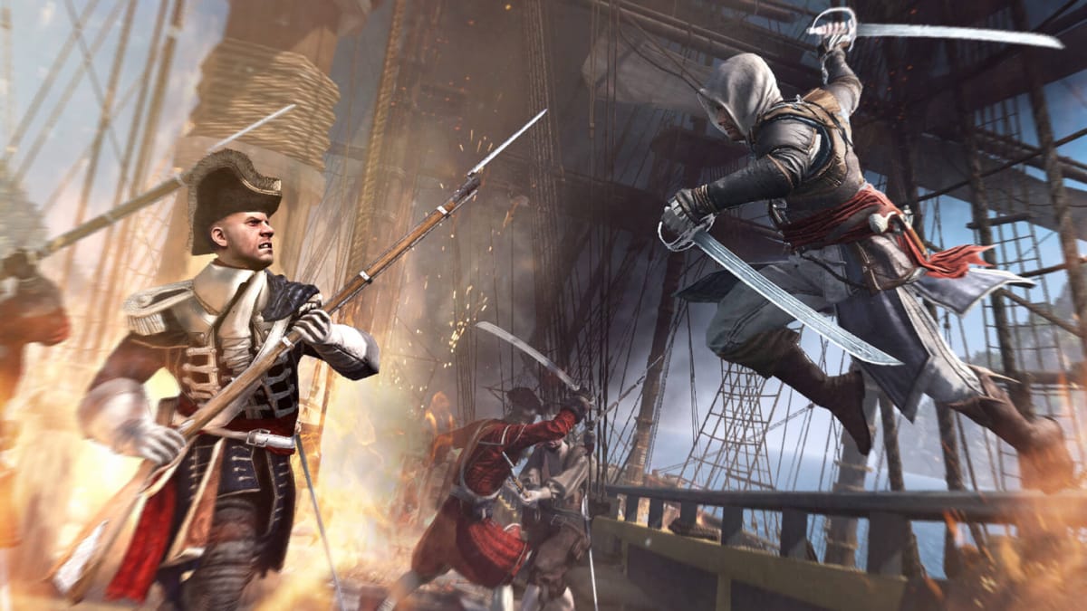 Edward Kenway leaping off a ship to attack an enemy soldier in the PS4 launch title Assassin's Creed IV: Black Flag