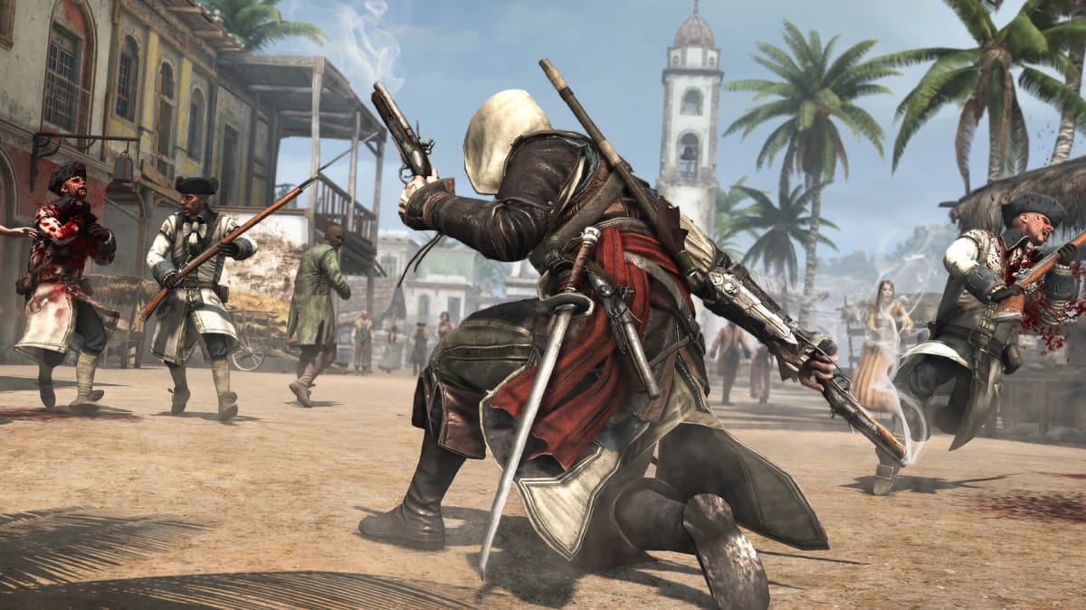 Edward Kenway crouching in the middle of a street in the midst of a fight in Assassin's Creed IV Black Flag, which was shown off at the Ubisoft E3 2013 presentation