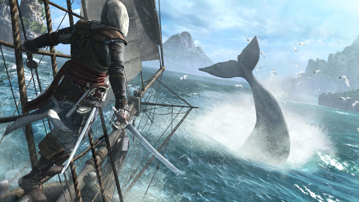 Edward holding onto a ship's rigging while a whale disappears into the water in Assassin's Creed IV: Black Flag, an Xbox One launch title