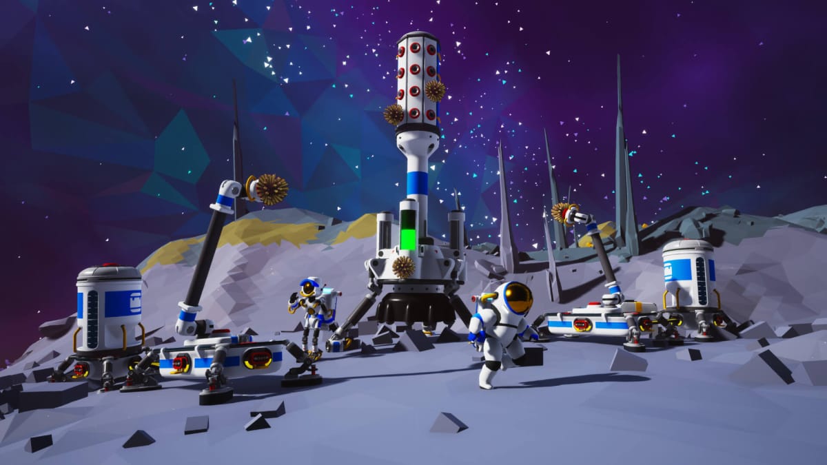 Two astronauts running around in front of a huge space installation in Astroneer, a System Era game
