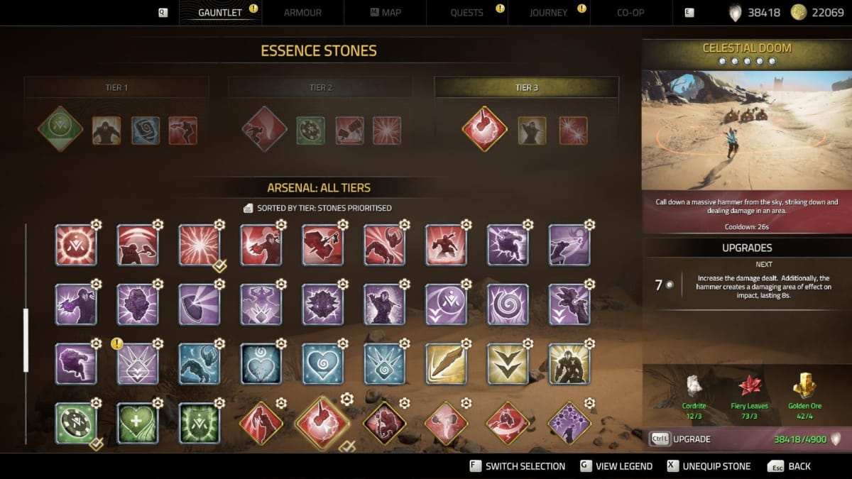 Image of the gauntlet modification screen in Atlas Fallen which is fully maxed out