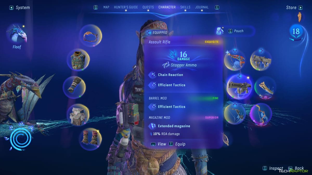 The inventory screen in Avatar: frontiers of Pandora