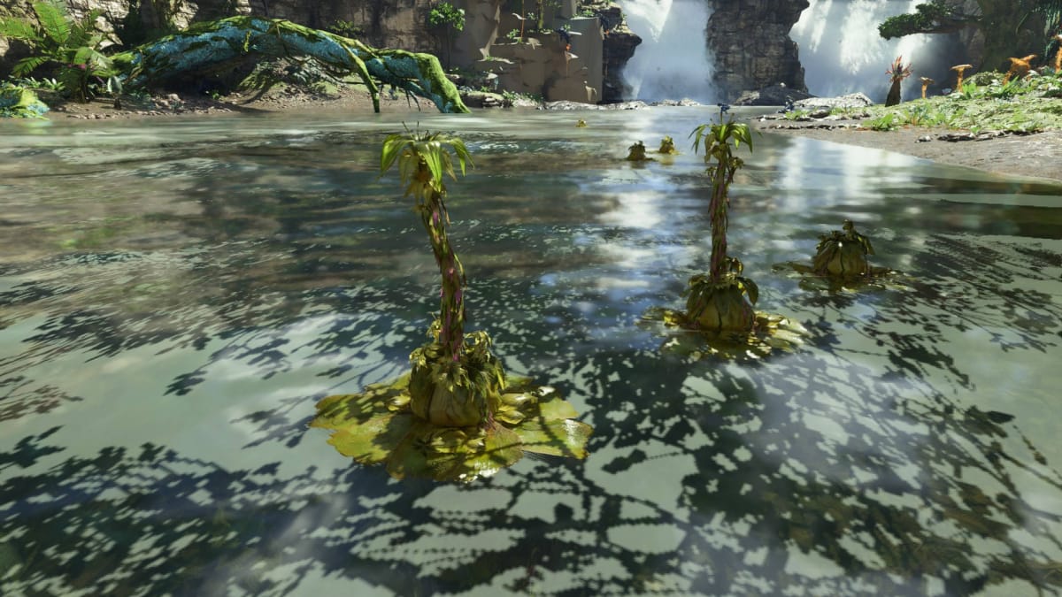 Avatar: Frontiers of Pandora Resources Guide - Forest Seaweed Bast in a River with Na'vi in the Background