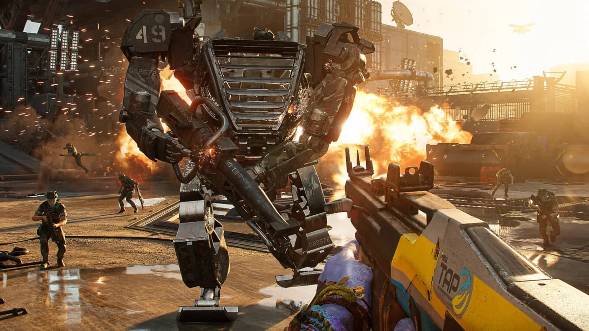 The player firing a gun at a giant mech in Avatar: Frontiers of Pandora, which is in fifth in the UK boxed sales charts