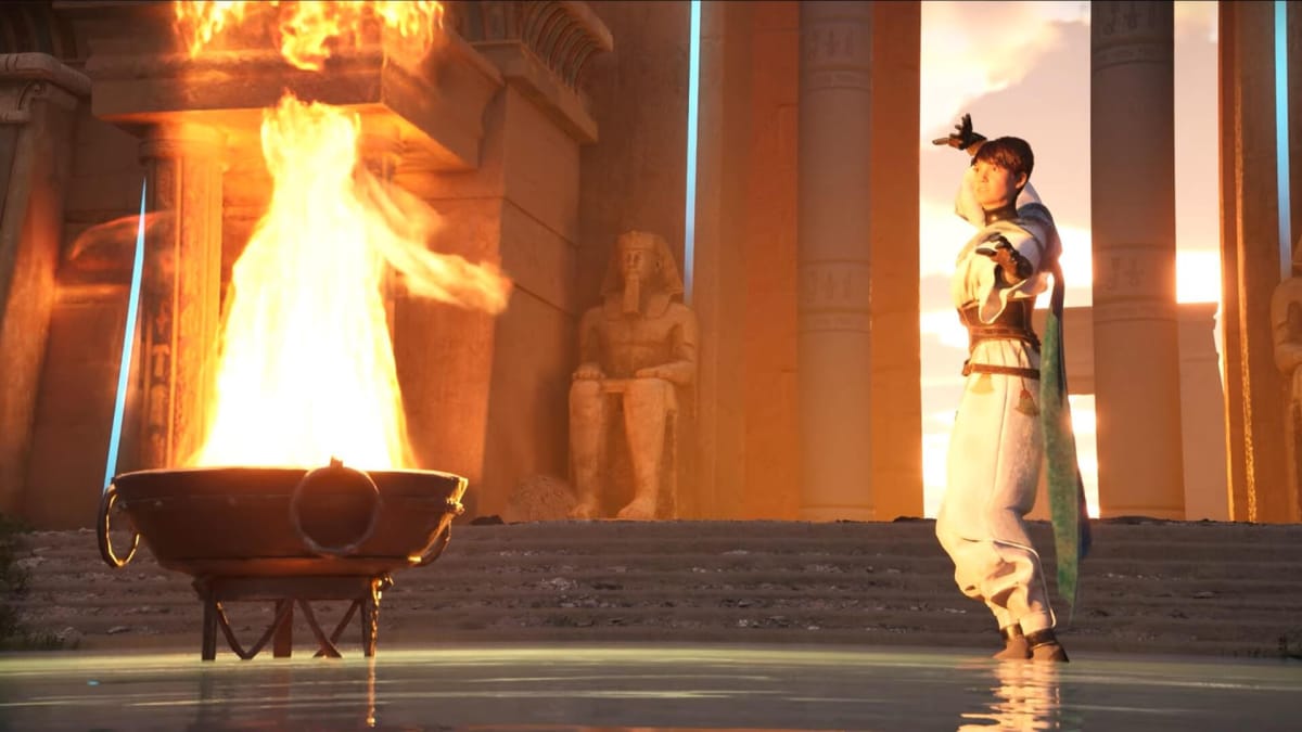 A character performing some kind of fire magic in an Ancient Egypt-inspired world in Babylon X