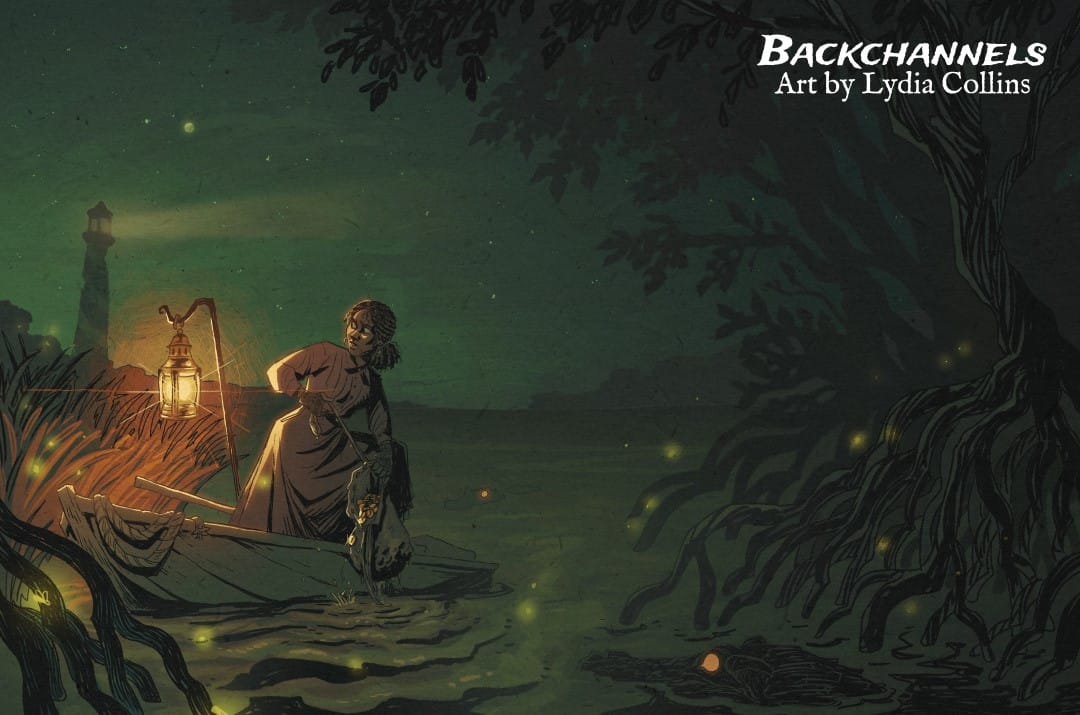 Artwork from the book Backchannels, showing a woman in a rowboat in the middle of the night