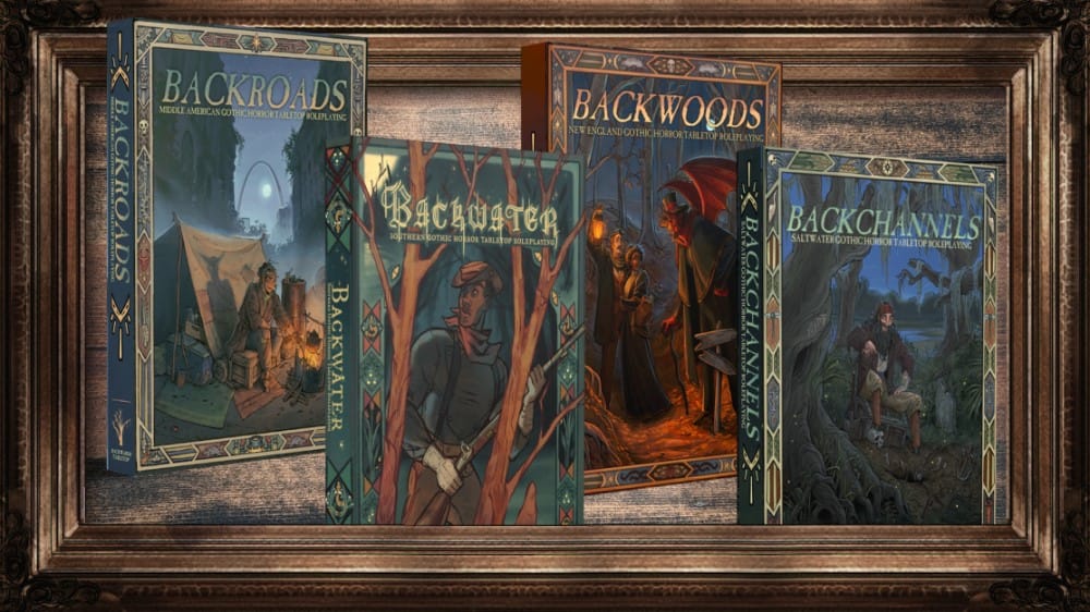 Featured artwork of four books from Backwards RPG in a wooden frame